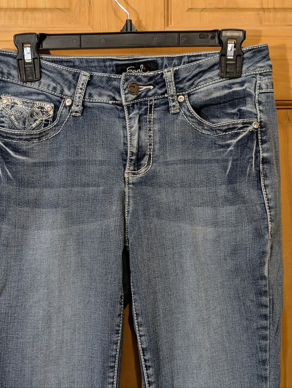 Earl Jeans Slim Boot Cut Blue Medium Wash Sz 6 Denim Rhinestone Embroidered - Picture 5 of 11
